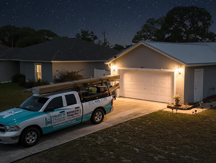 A trained technician from Holt's Reliable Garage Door Repair is performing an emergency garage door repair to restore home security in Saint Lucie County.